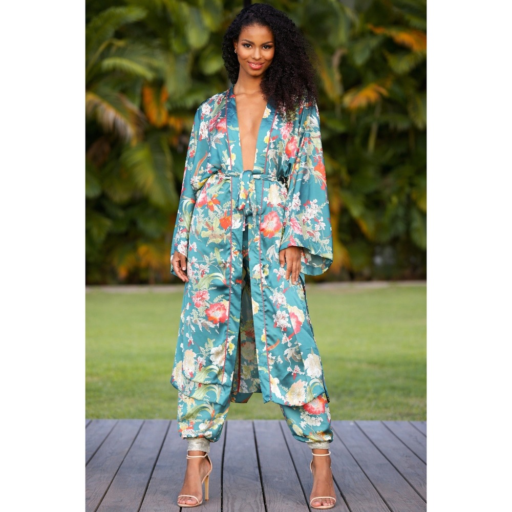 Beulah Style Floral Kimono Duster Green Boho Lightweight Layering Size‎ Small
